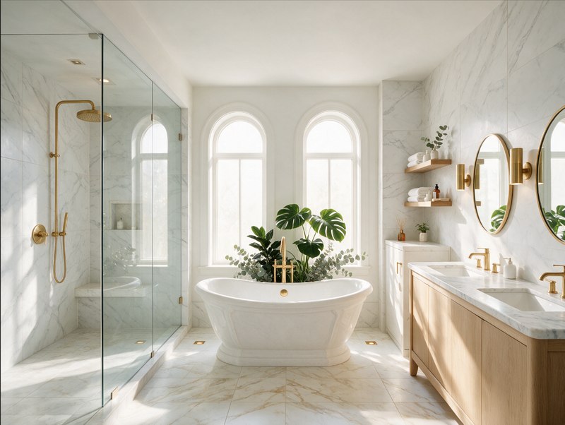 Remodeled luxury bathroom with freestanding tub and marble tile