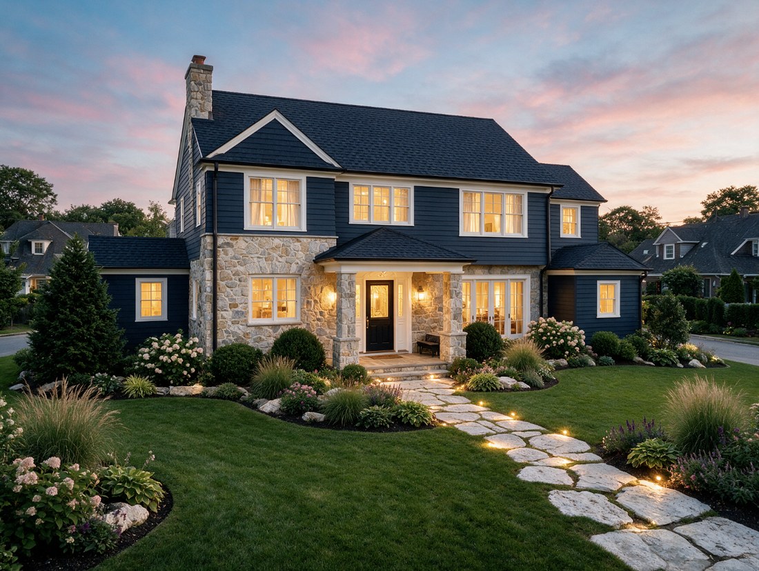 Nassau County colonial-style home at dusk with warm glowing windows