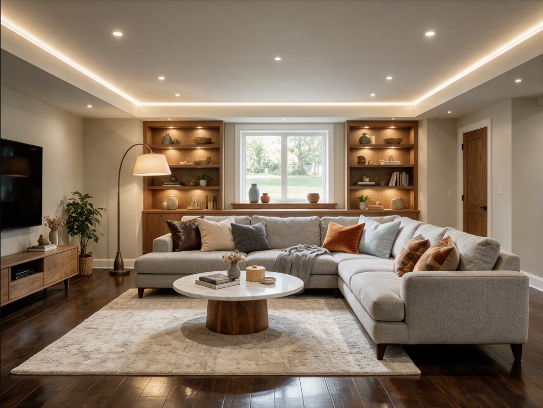 Finished basement with family lounge and wet bar by Nassau Roofing and Remodeling